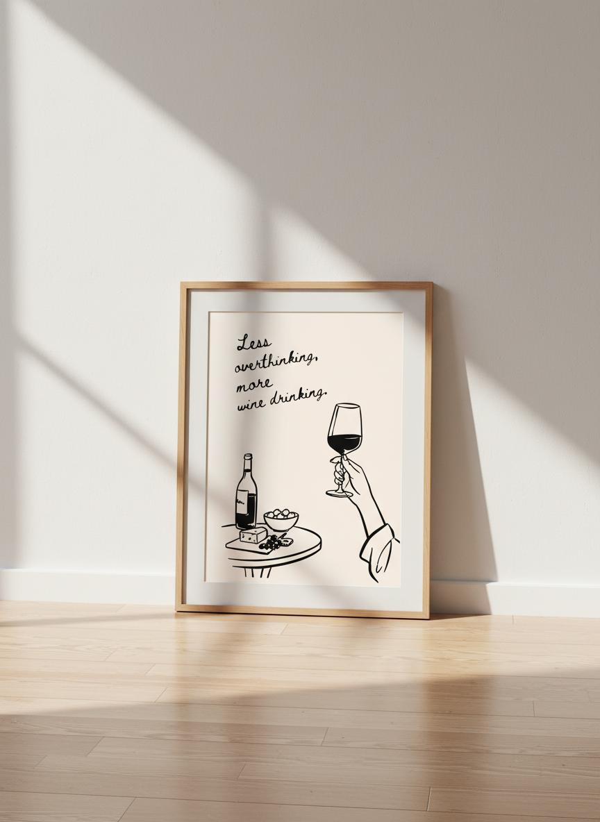 Minimalist Wine Wall Art Print | Funny Kitchen Decor | Aesthetic Alcohol Poster | Wine Lover Gift | Bar Cart Print | Less Overthinking Quote Art