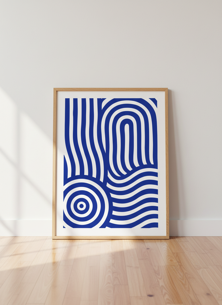 Abstract Wavy Blue & White Striped Wall Art Print | Modern Living Room Decor | Geometric Poster | Mid-Century Aesthetic