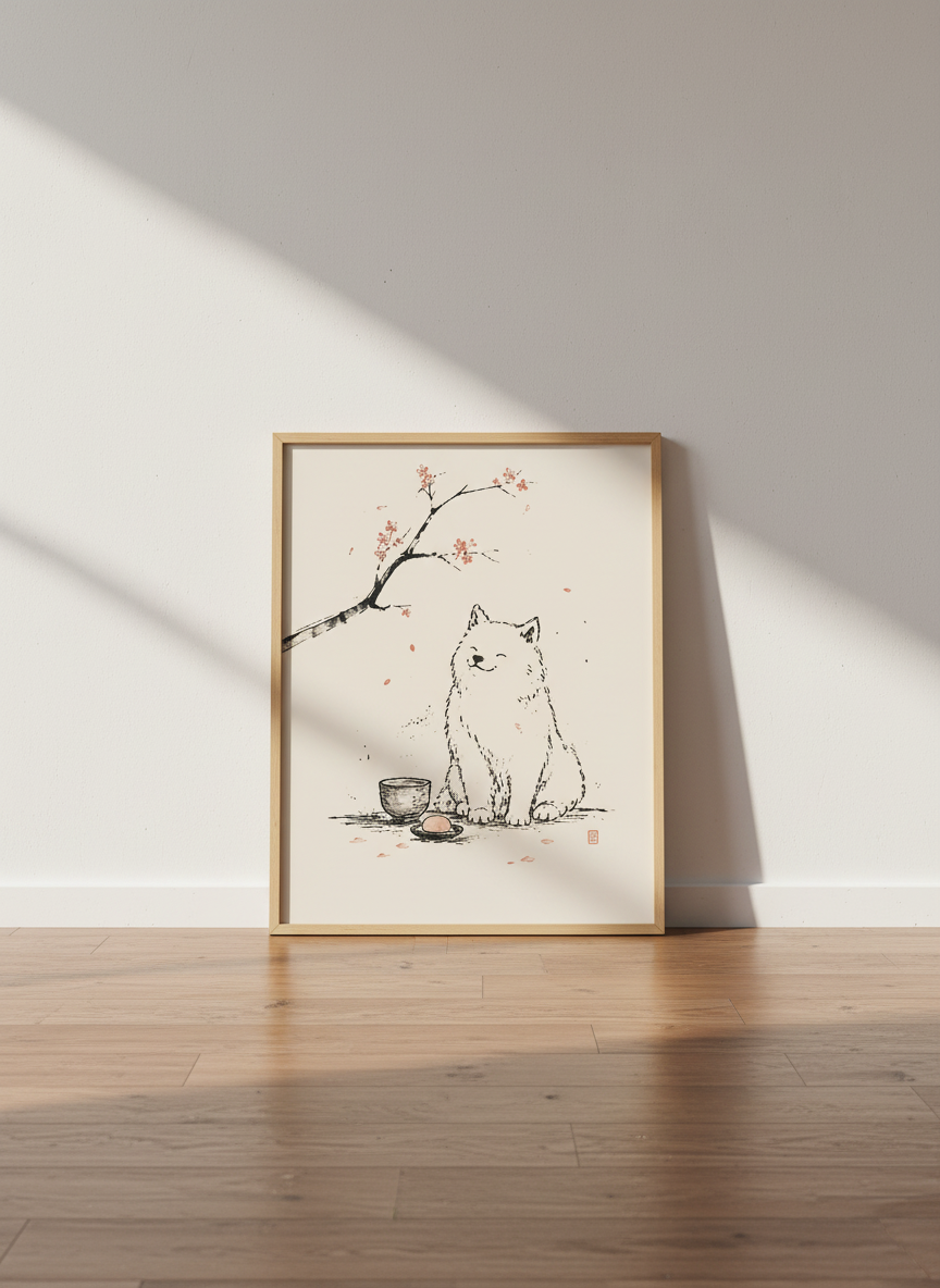 Shiba Inu Cherry Blossom Wall Art | Japanese Zen Dog Print | Minimalist Poster