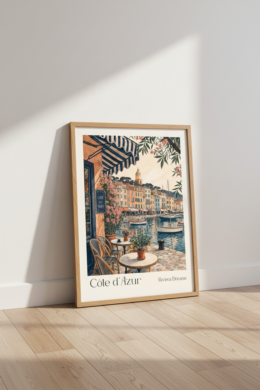 French Riviera Travel Poster | Coastal Cafe Art, Saint Tropez Decor