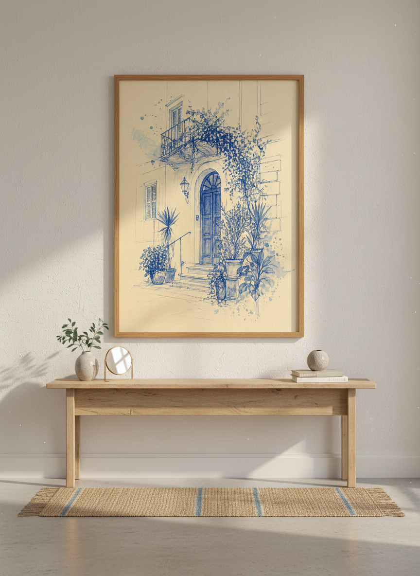 Mediterranean Doorway Sketch | Blue Ink Architecture Art, Living Room Poster