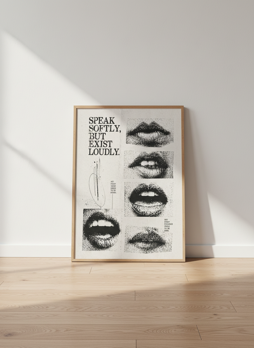 Speak Softly Exist Loudly Grunge Lips Poster | Aesthetic Dorm Decor | Minimalist Quote Art