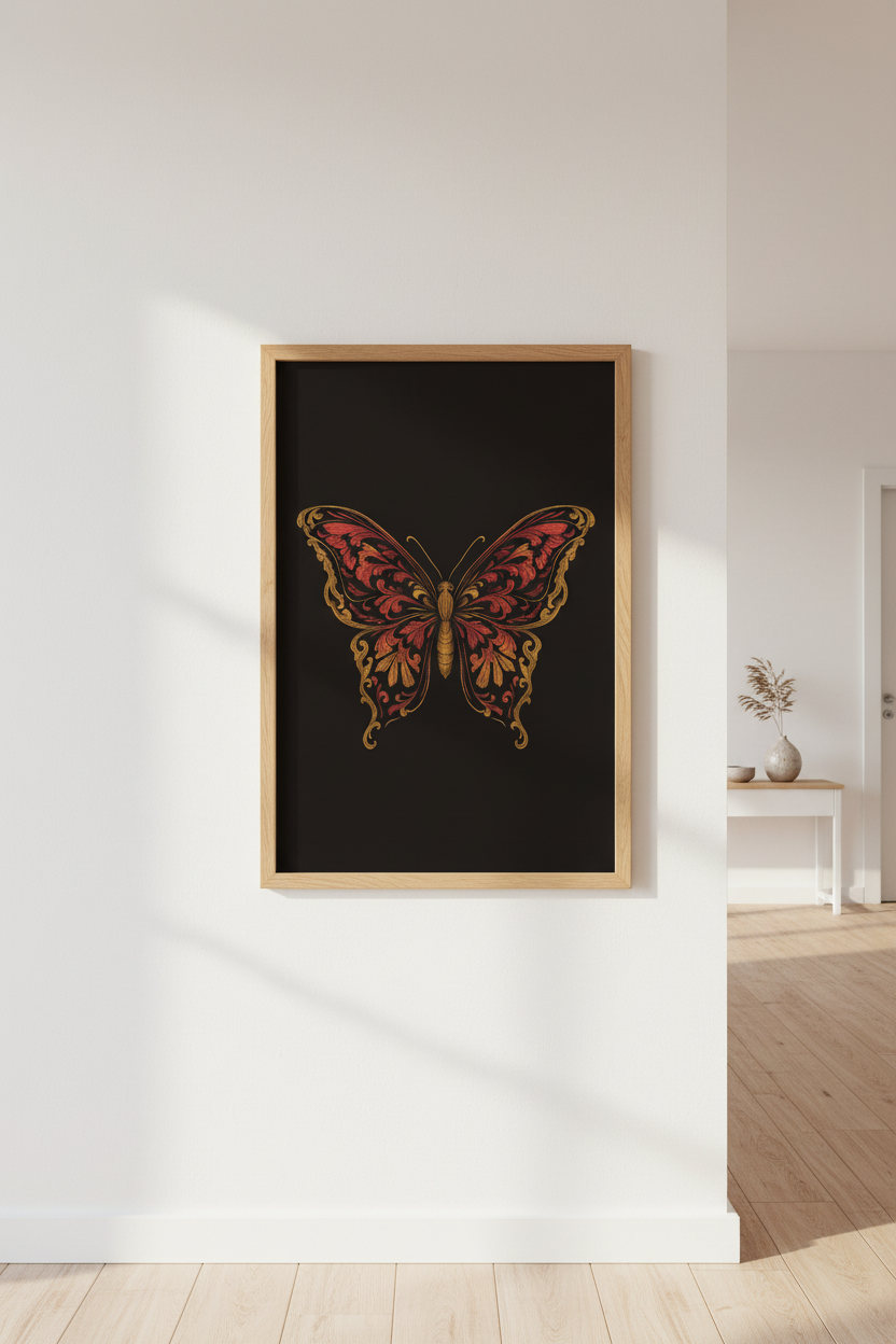 Ornate Butterfly Framed Wall Art | Dark Academia Home Decor | Gold & Red Aesthetic Poster | Ready to Hang Insect Art