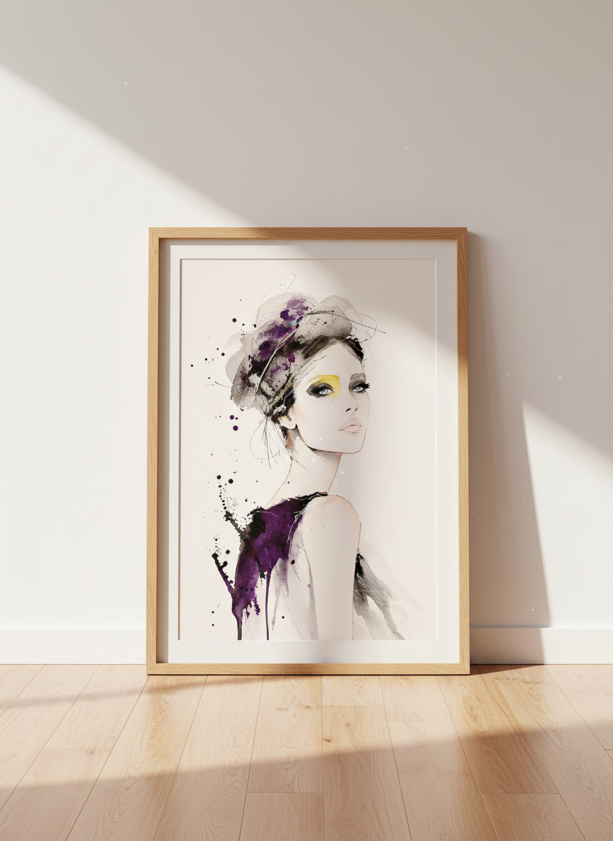 Abstract Fashion Woman Wall Art Print | Glamour Bedroom Decor | Vibrant Yellow Purple Watercolor Poster | Modern Art