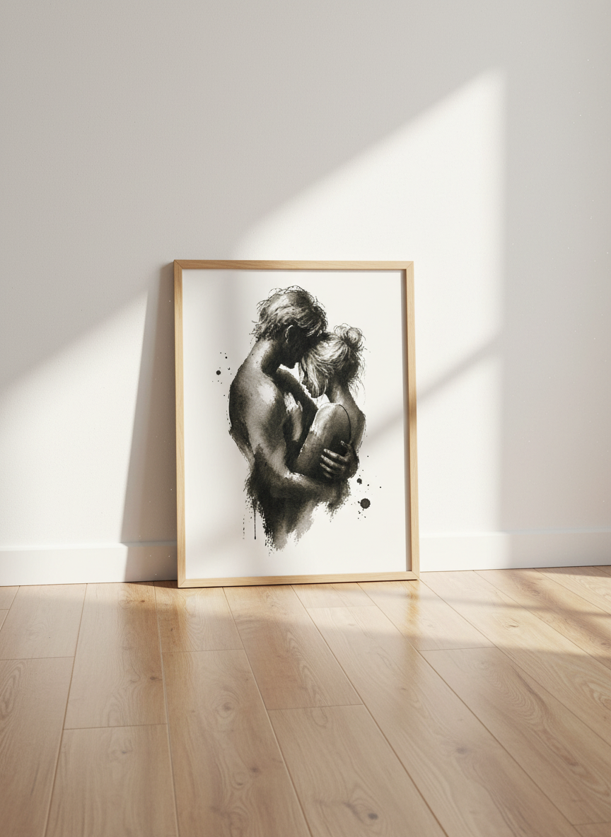 Abstract Love Embrace Wall Art Print | Bedroom Decor | Romantic ink Brushstroke Poster | Couple Black and White Art