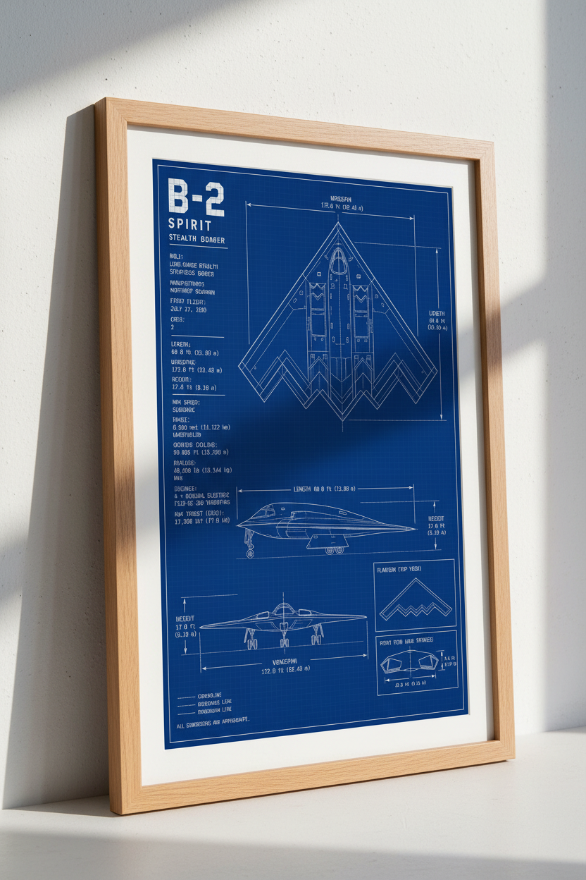 Blueprint B-2 Spirit Stealth Bomber Wall Art Print | Man Cave Decor | Aviation Military Poster for Dad
