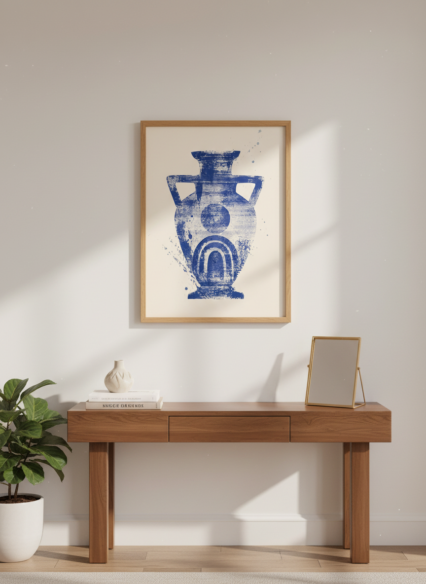 Greek Vase Wall Art | Cobalt Blue Mediterranean Print, Minimalist Decor