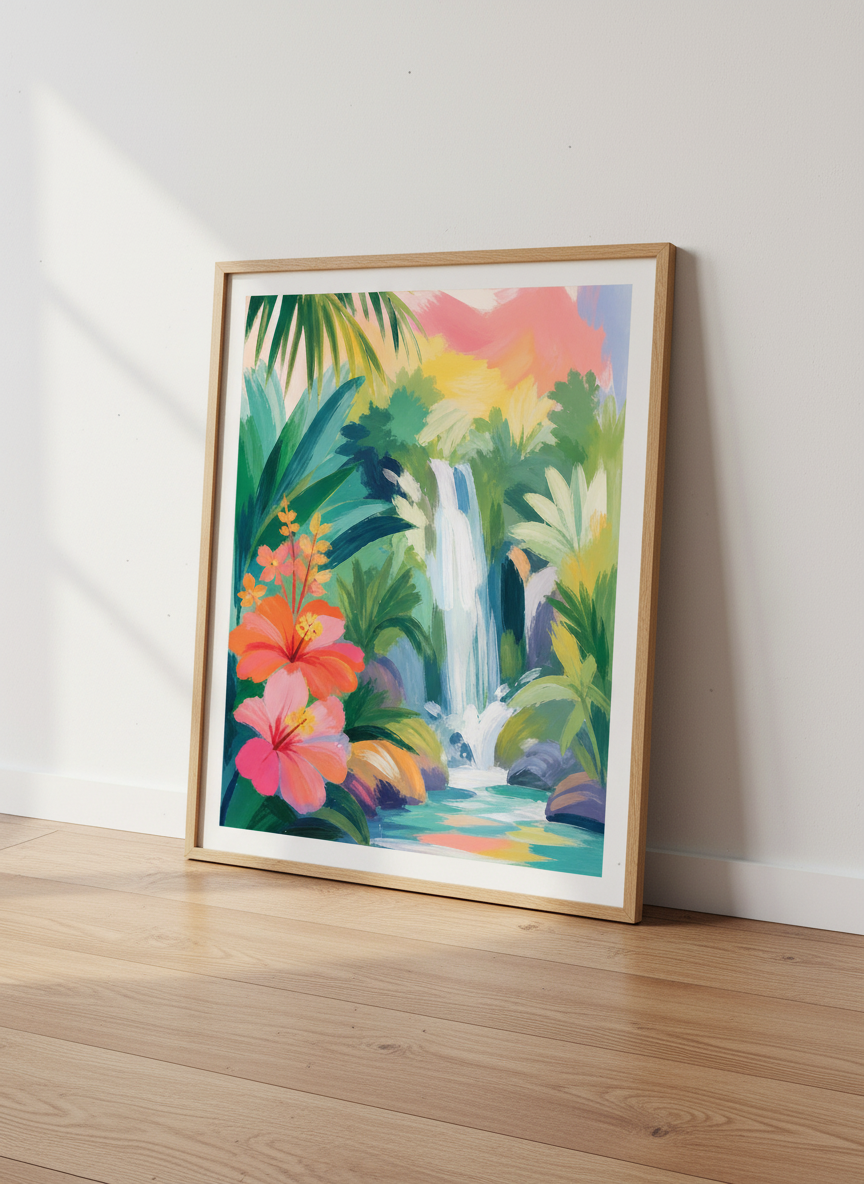 Tropical Jungle Waterfall Print | Vibrant Hibiscus Landscape, Boho Wall Art Decor