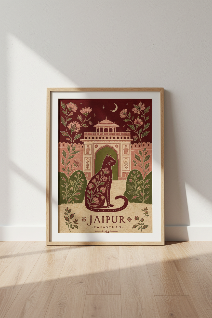 Jaipur India Cat Wall Art | Floral Mughal Folk Poster, Living Room Decor