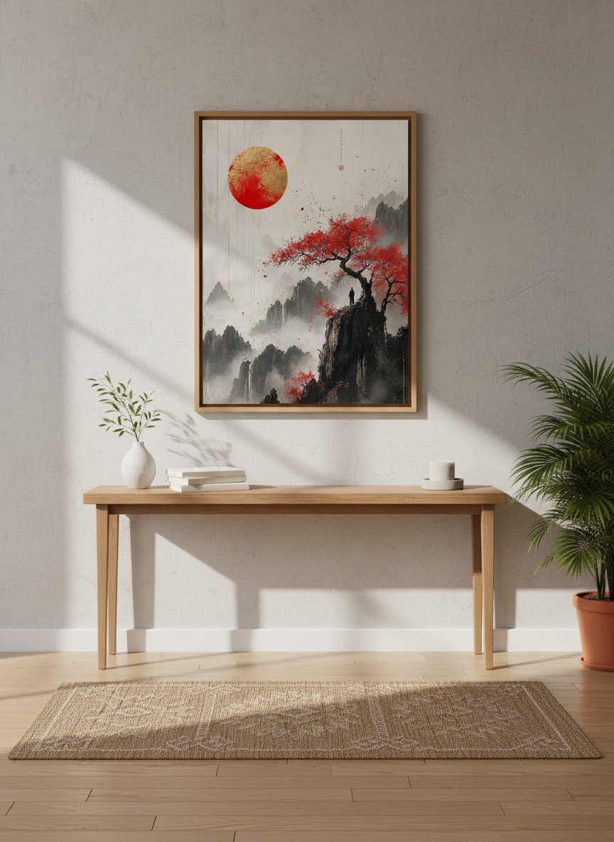 Japanese Mountain Landscape Wall Art | Red Sun Zen Poster, Living Room Decor