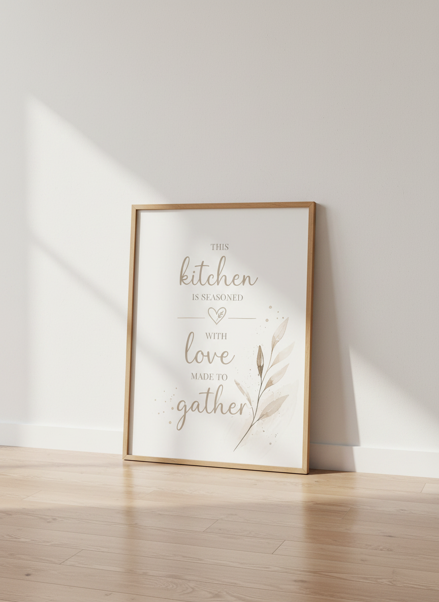 Kitchen Wall Art | Seasoned with Love Gather Quote, Rustic Farmhouse Decor