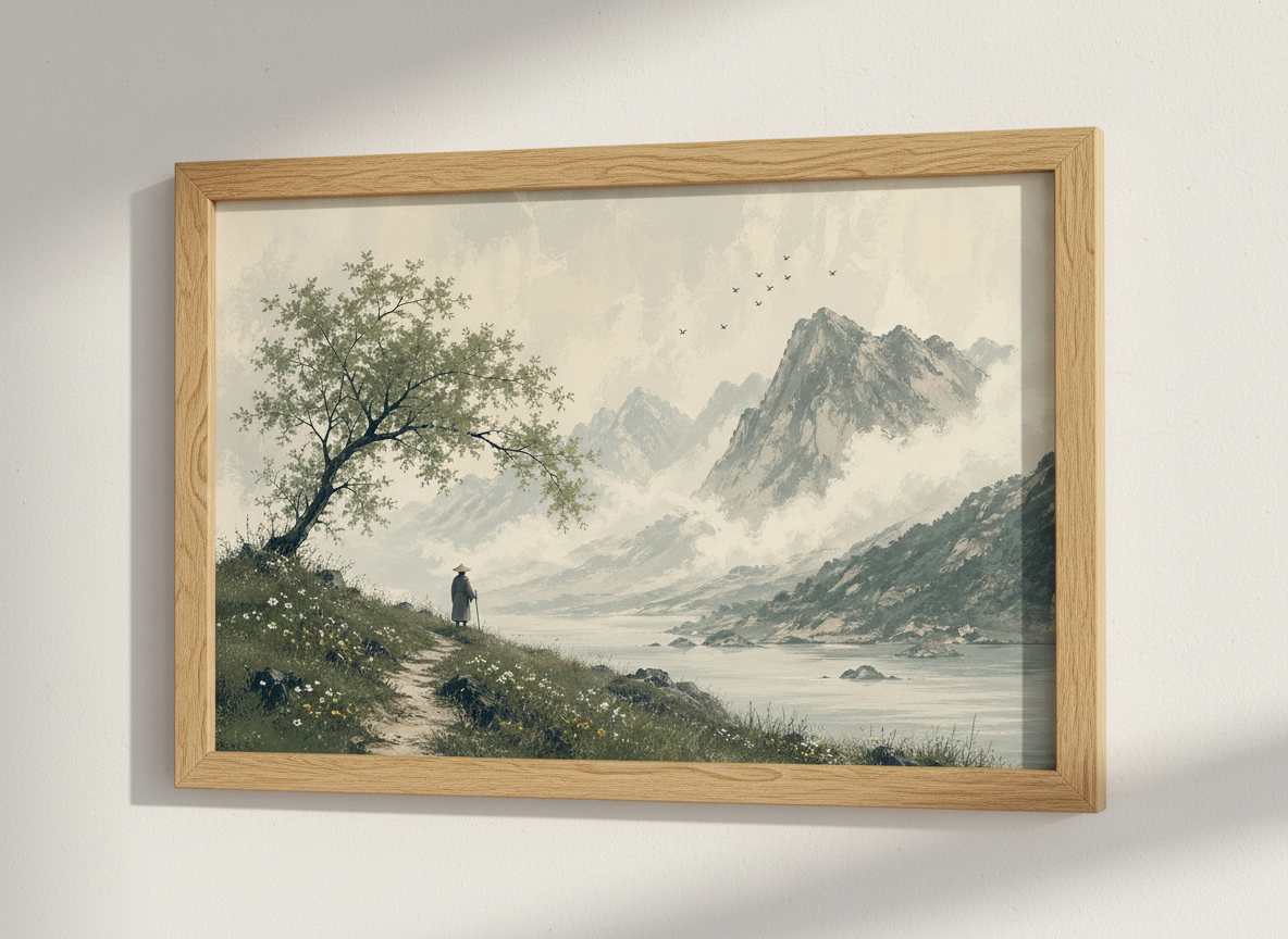 Zen Landscape Wall Art Print | Minimalist Living Room Decor | Japanese Aesthetic Poster | Asian Mountain Lake Painting