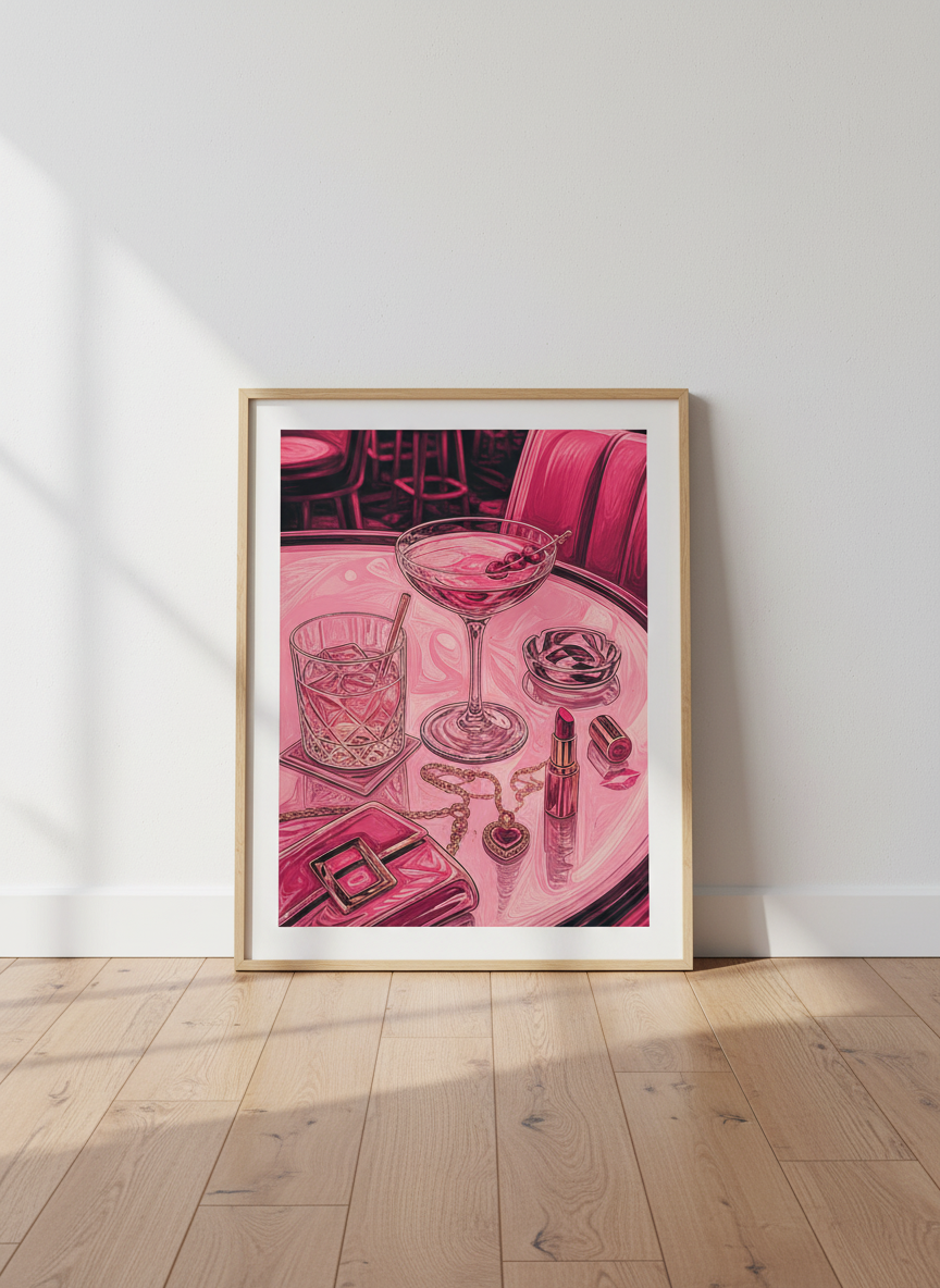 Pink Cocktail Wall Art | Glitzy Martini Poster, Trendy Bar Cart Decor