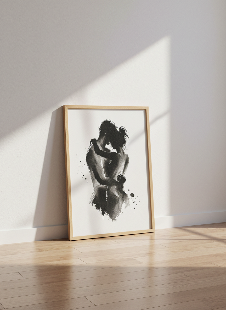 Abstract Love Embrace Wall Art Print | Romantic Bedroom Decor | Minimalist Ink Couple Hug Poster | Anniversary Gift