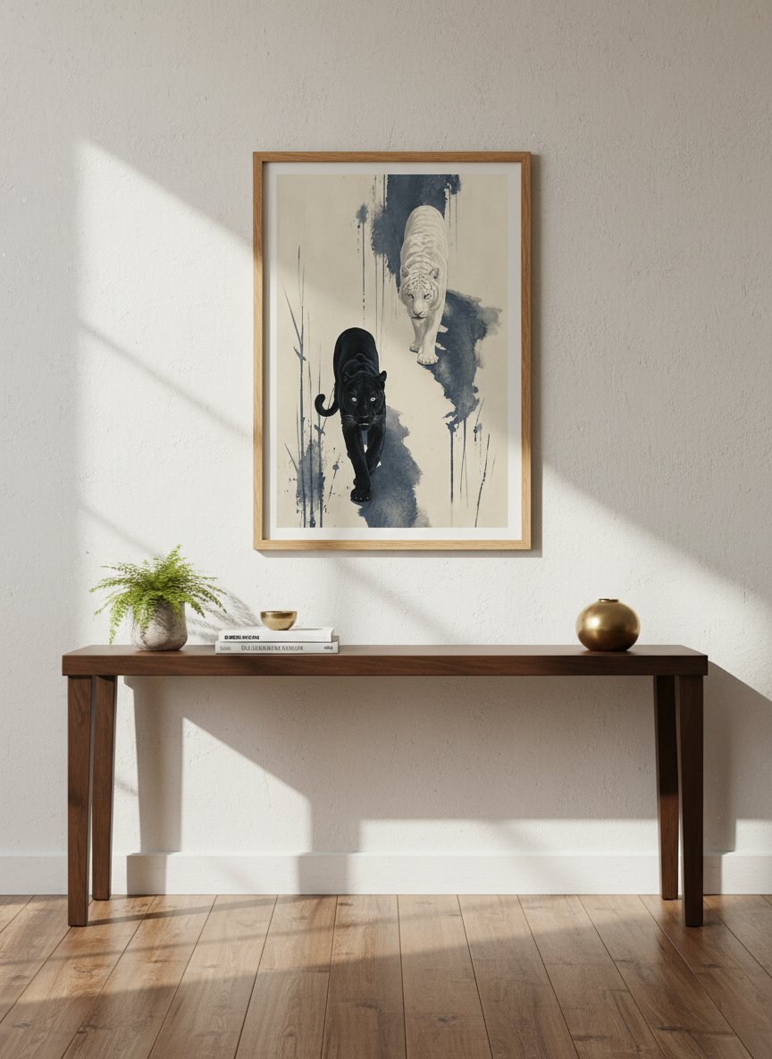 Black Panther & White Tiger | Ink Wash Style, Modern Living Room Decor