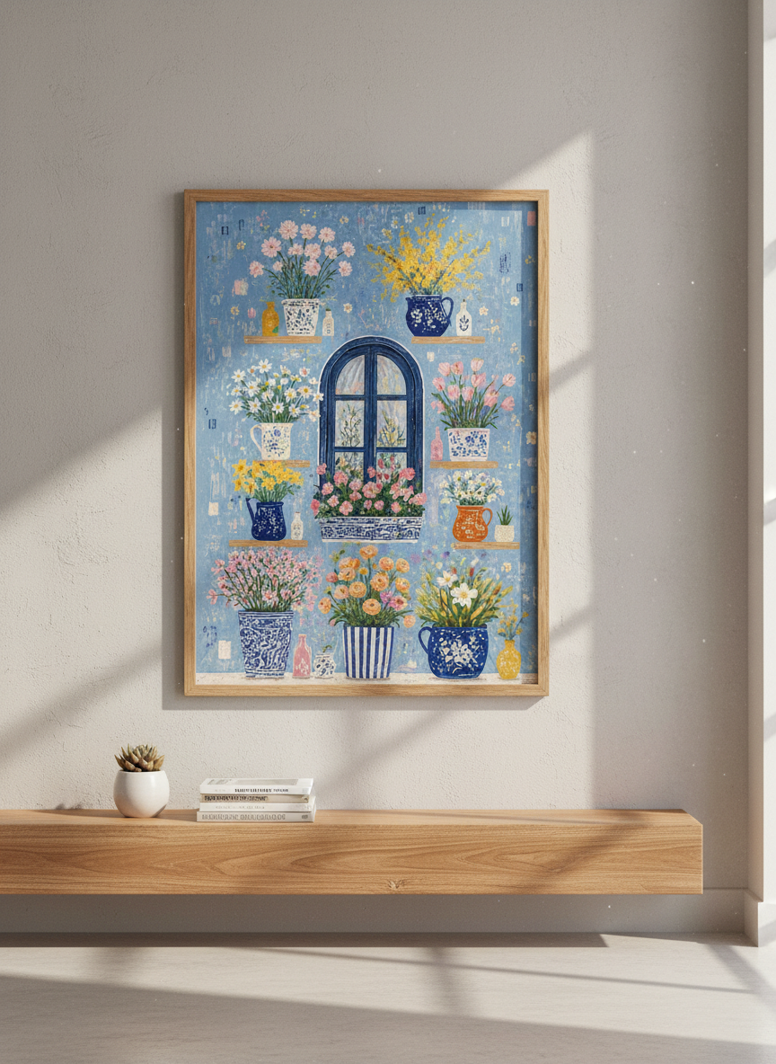 Floral Window Wall Art Print | Blue Mediterranean Decor | Impressionist Poster