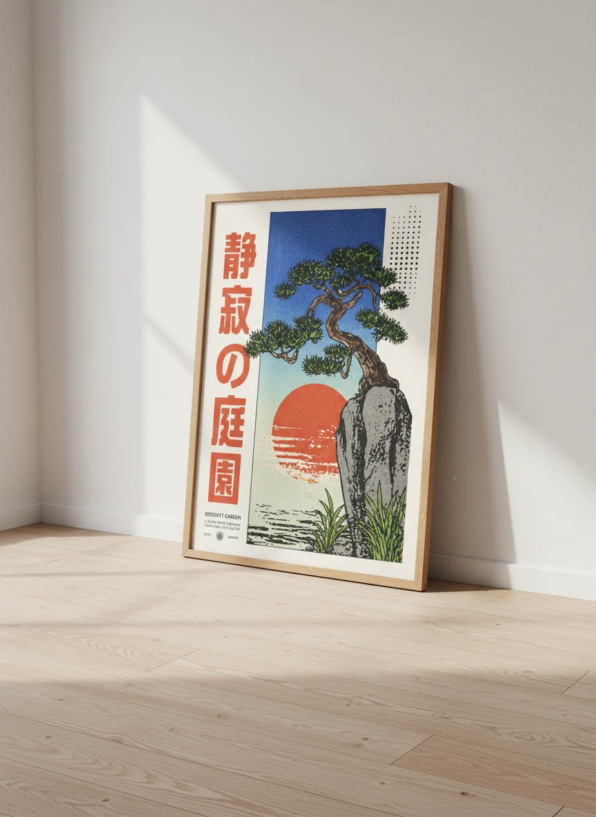 Japanese Woodblock Pine Tree Art | Serenity Garden Poster, Zen Decor, Ukiyo-e Print