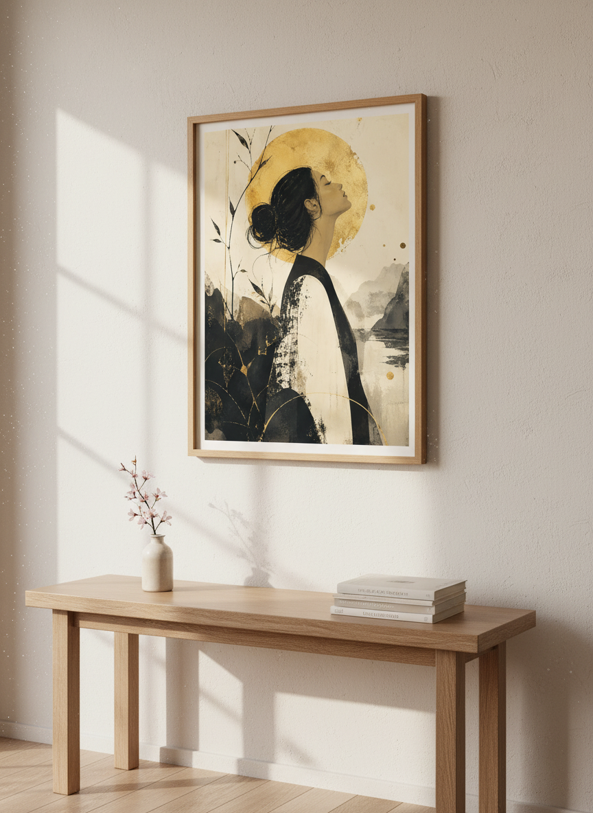 Japanese Sun Woman Wall Art Print | Zen Bedroom Decor | Gold Abstract Poster