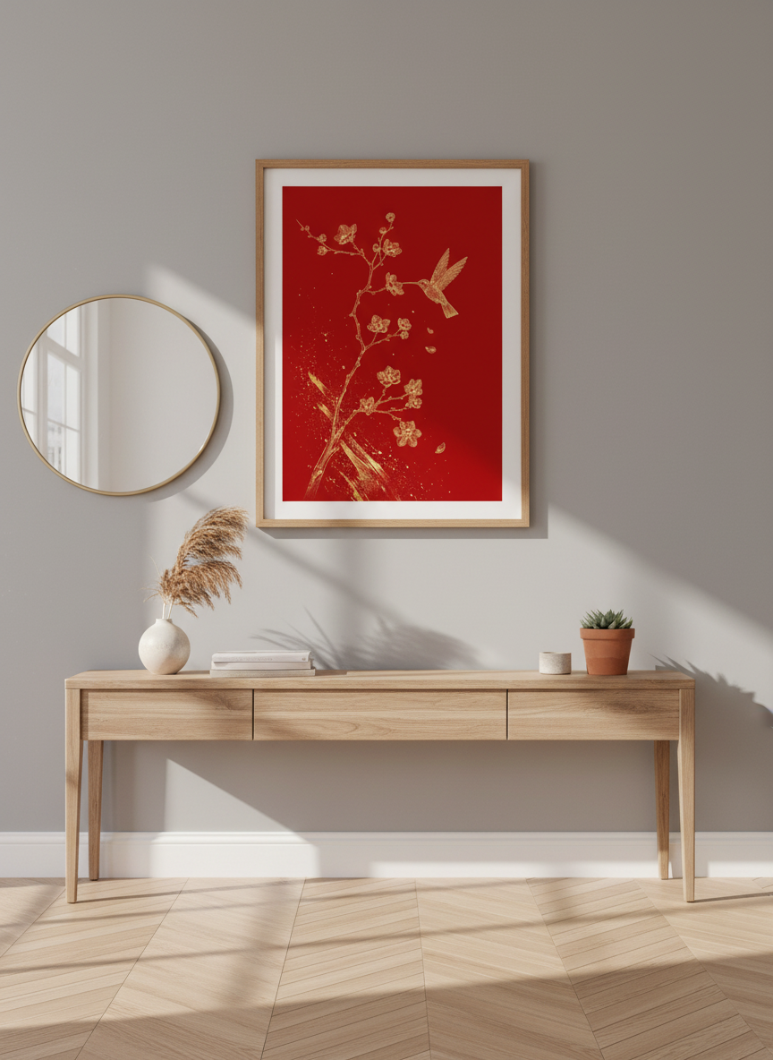 Gold Hummingbird & Cherry Blossom Art | Red Floral Wall Decor | Chinoiserie Poster