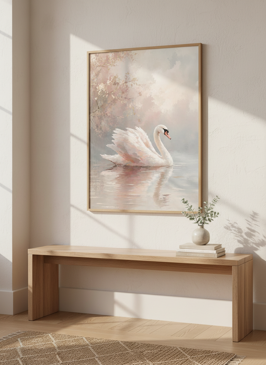 White Swan | Blush Pink & Gold Leaf Painting, Romantic Nursery & Bedroom Wall Art