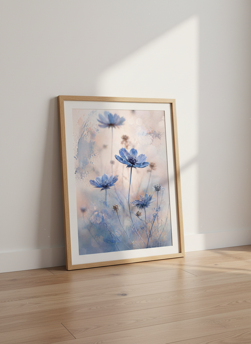 Blue Cosmos Flowers Wall Art | Boho Floral Print | Abstract Botanical Decor