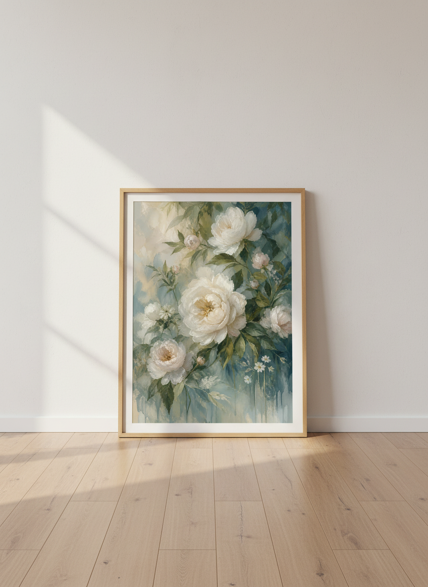 White Peony Floral Wall Art | Teal & Sage Botanical Print, Bedroom Decor