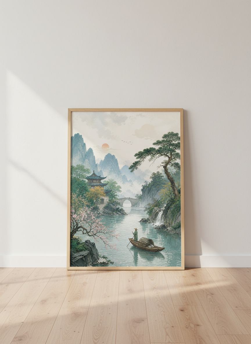 Japanese Landscape River Wall Art | Zen Mountain Pagoda Print, Home Office Decor
