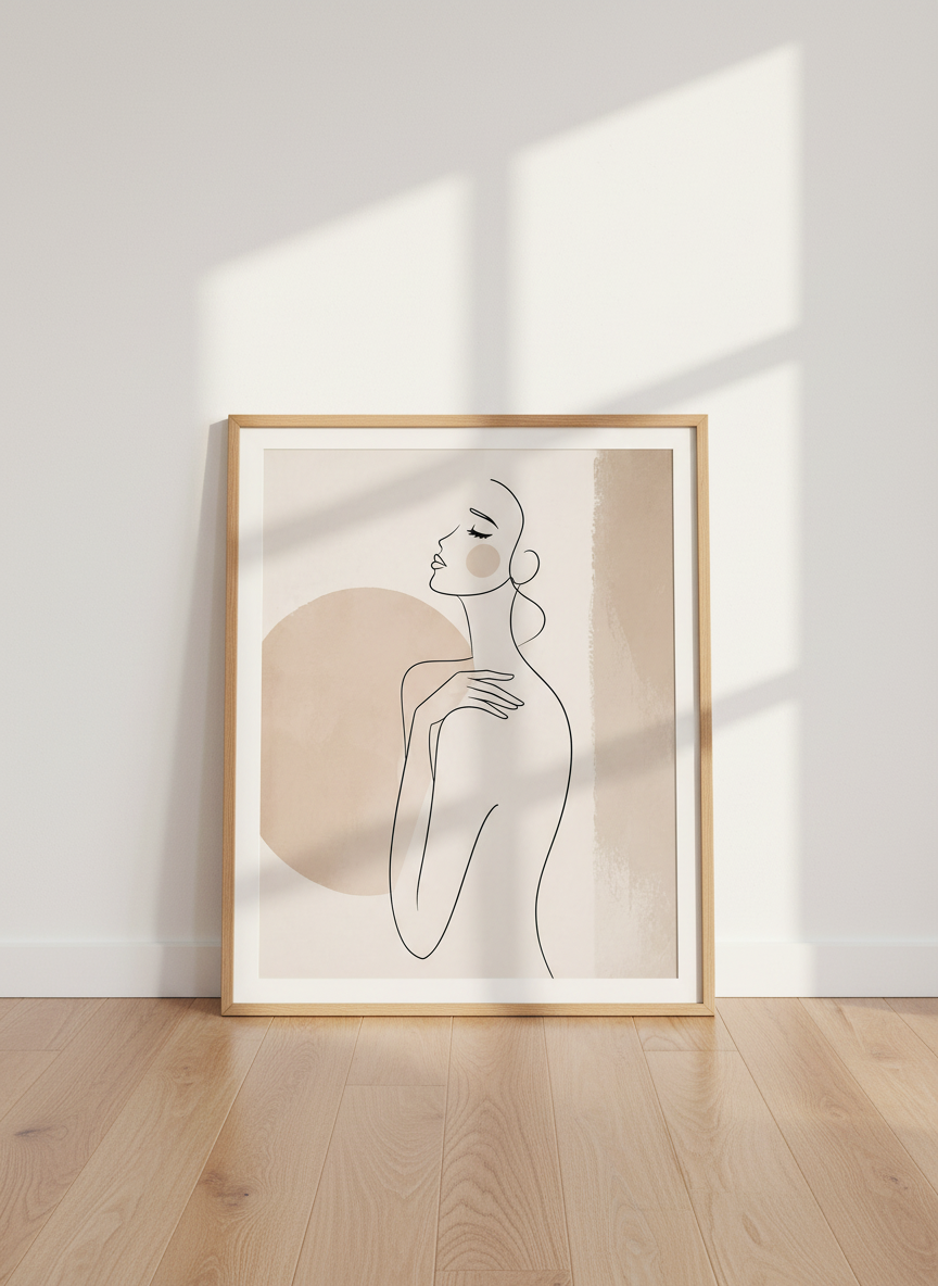 Minimalist Woman Line Art Print | Abstract Nude Figure, Beige Gallery Wall Decor