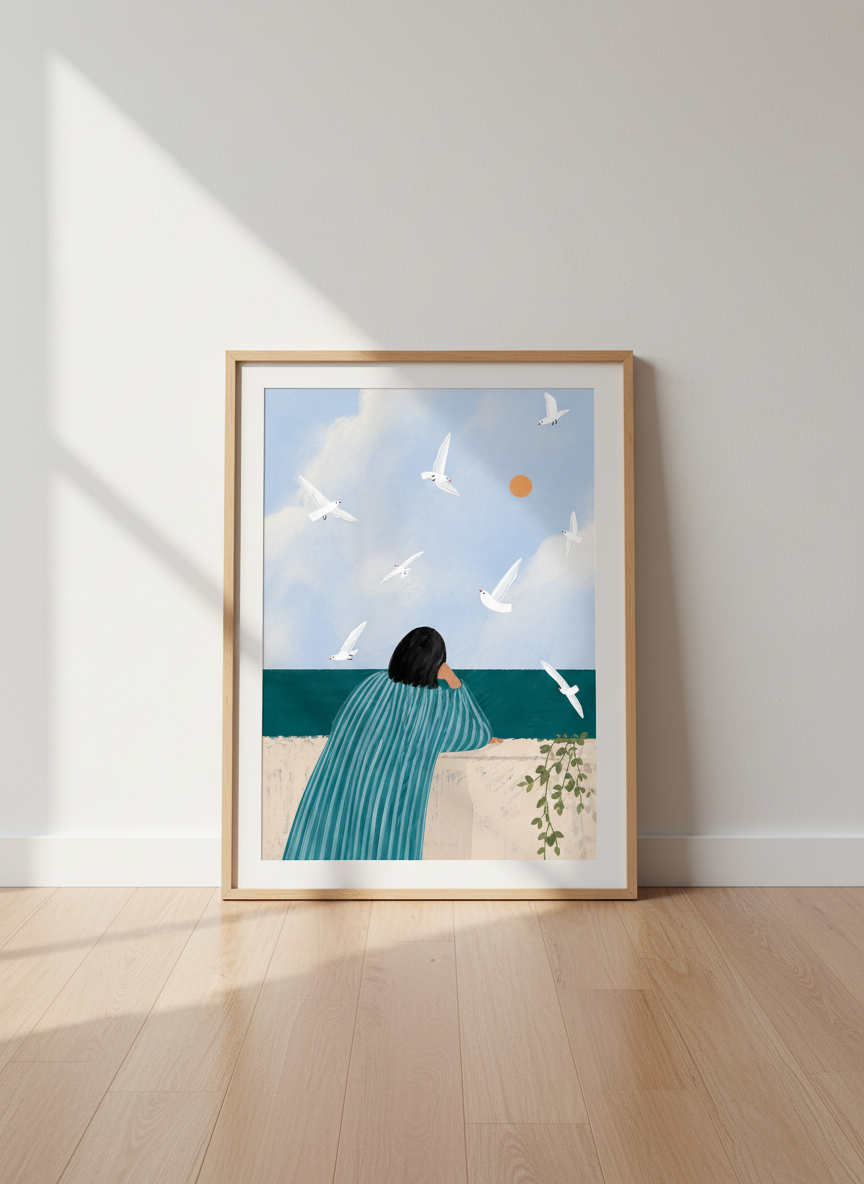 Woman Ocean View Wall Art | Tranquil Coastal Decor | Minimalist Seagull Print