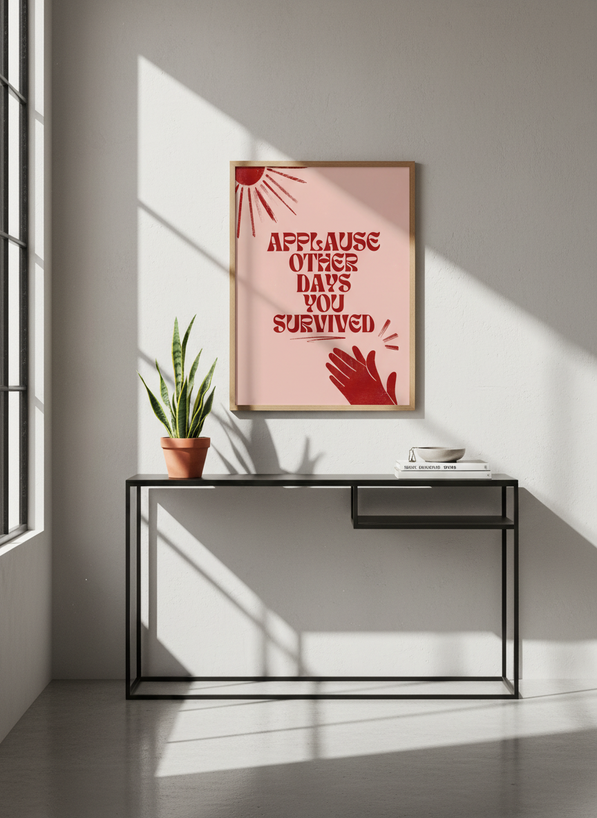 Retro Survival Quote Wall Art | Pink & Red Groovy Poster, Home Office Decor