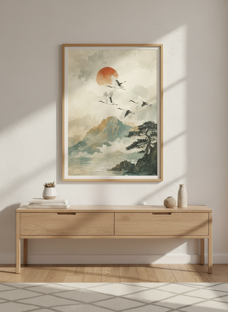 Japanese Crane Wall Art Print | Misty Mountain Landscape Decor | Minimalist Poster