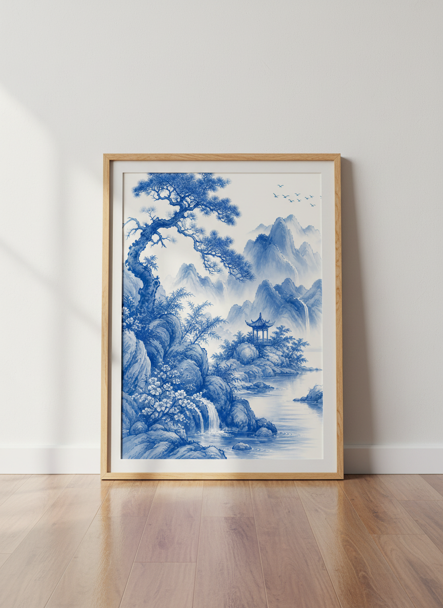 Blue and White Chinoiserie Landscape Wall Art | Mountain Pagoda Print, Zen Living Room