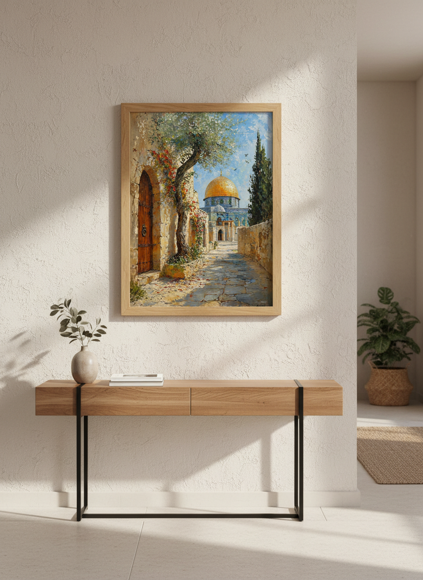 Jerusalem Dome of the Rock Wall Art | Islamic Oil Painting Decor | Gold Mosque Poster