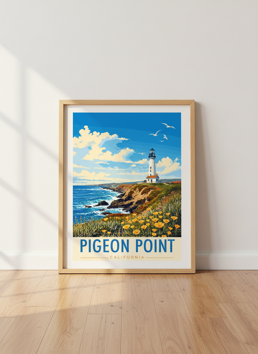 Pigeon Point Lighthouse Wall Art | California Coastal Print | Vintage Travel Poster