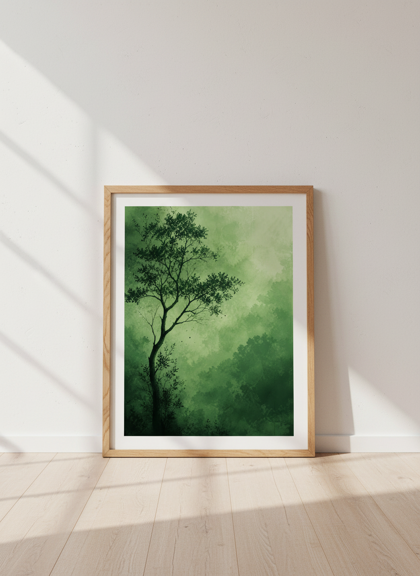 Misty Forest Tree Wall Art | Green Landscape Poster, Zen Bedroom Decor