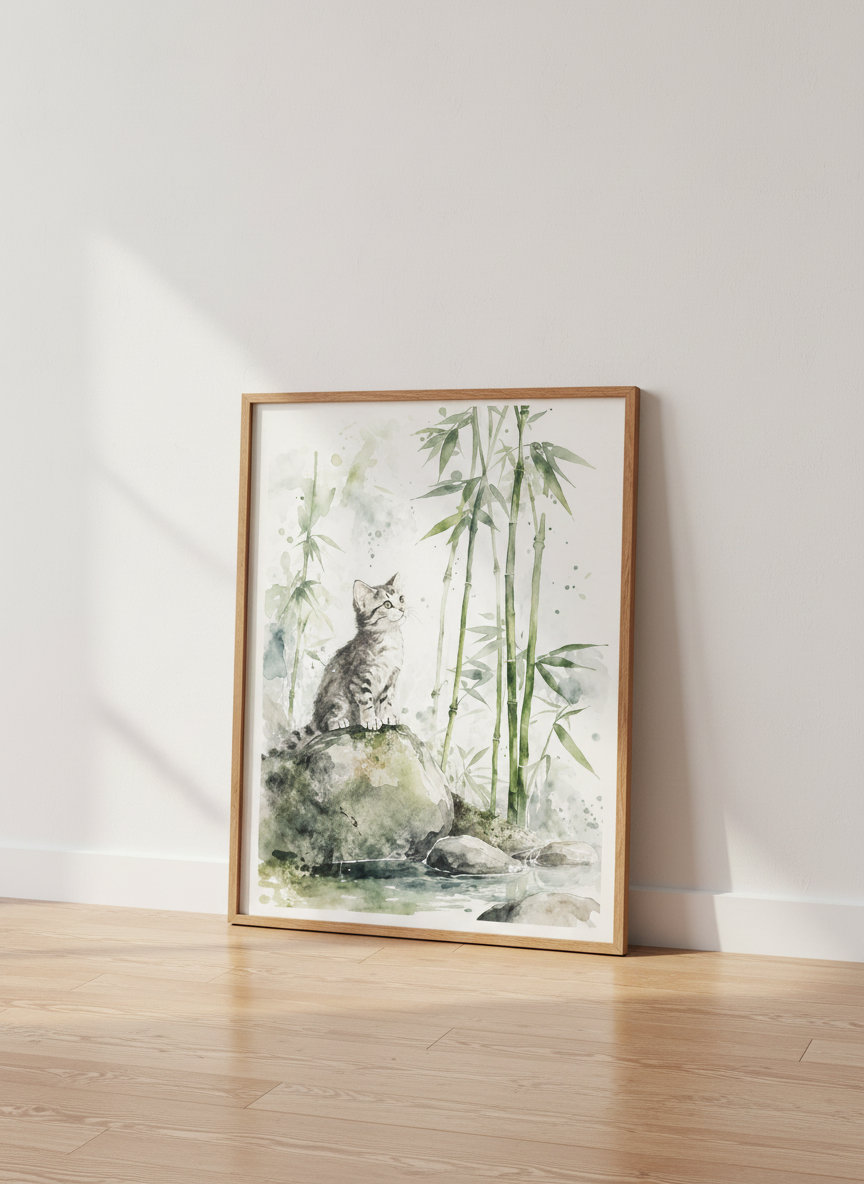Watercolor Tabby Cat in Bamboo Wall Art | Sage Green Nature Decor | Zen Kitten Poster