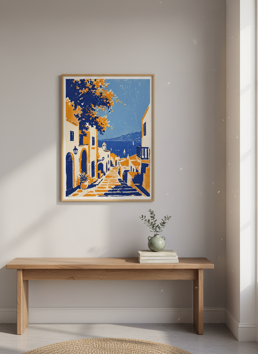 Mediterranean Coastal Village Art | Blue & Orange Travel Poster, Living Room Decor