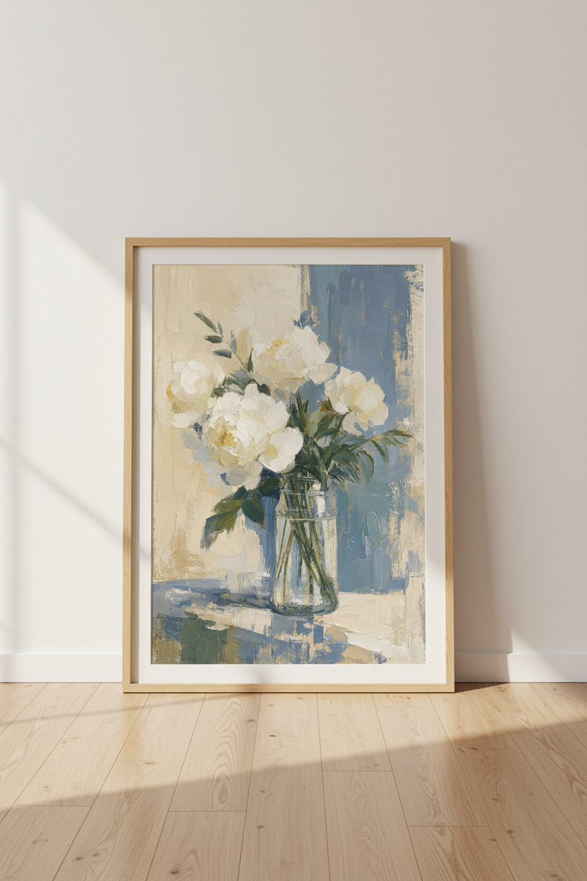 White Peony Floral Wall Art | Blue Impressionist Oil Painting, Living Room Decor