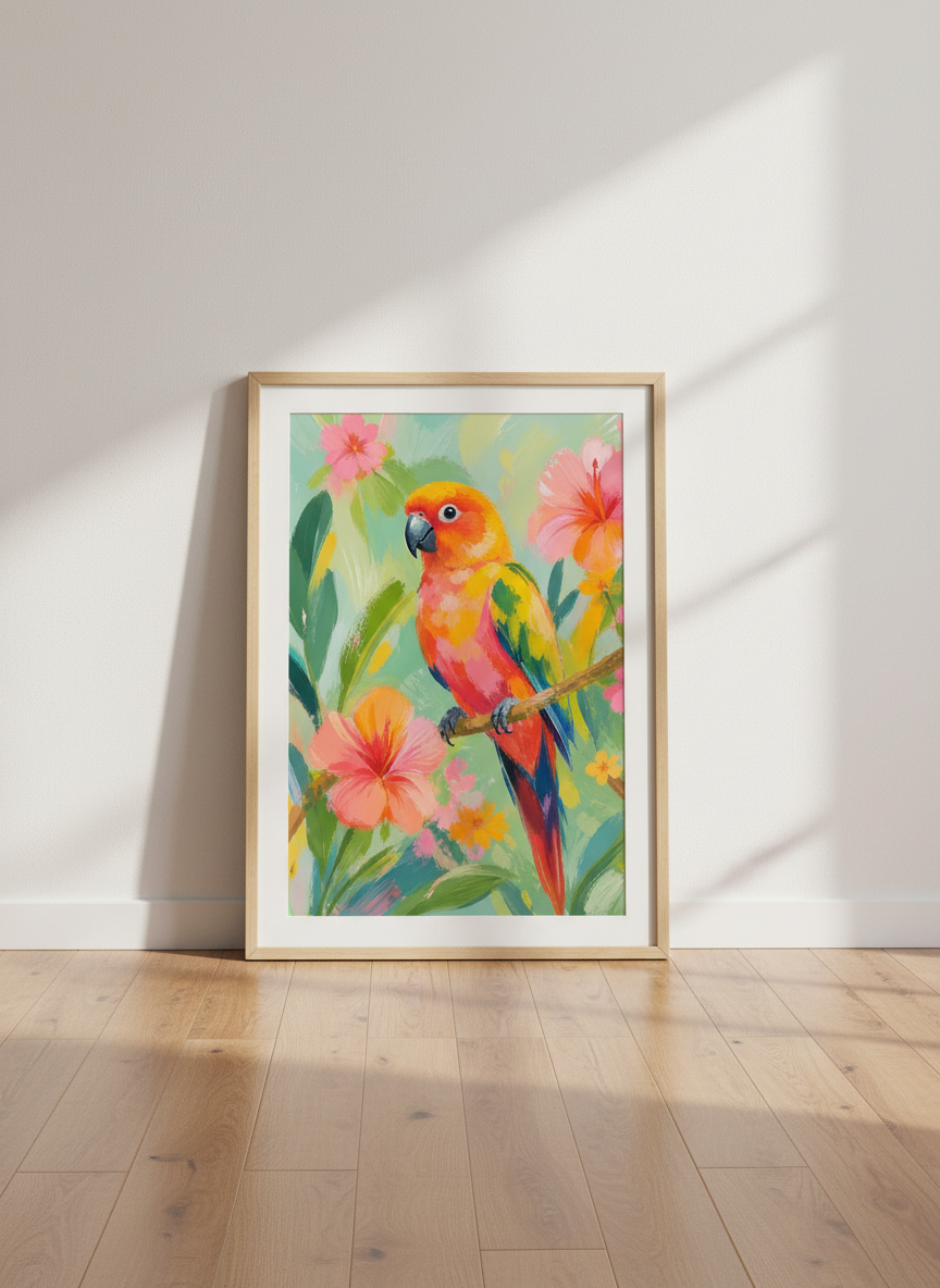 Tropical Sun Conure Wall Art | Colorful Parrot Poster, Vibrant Bird Print Decor