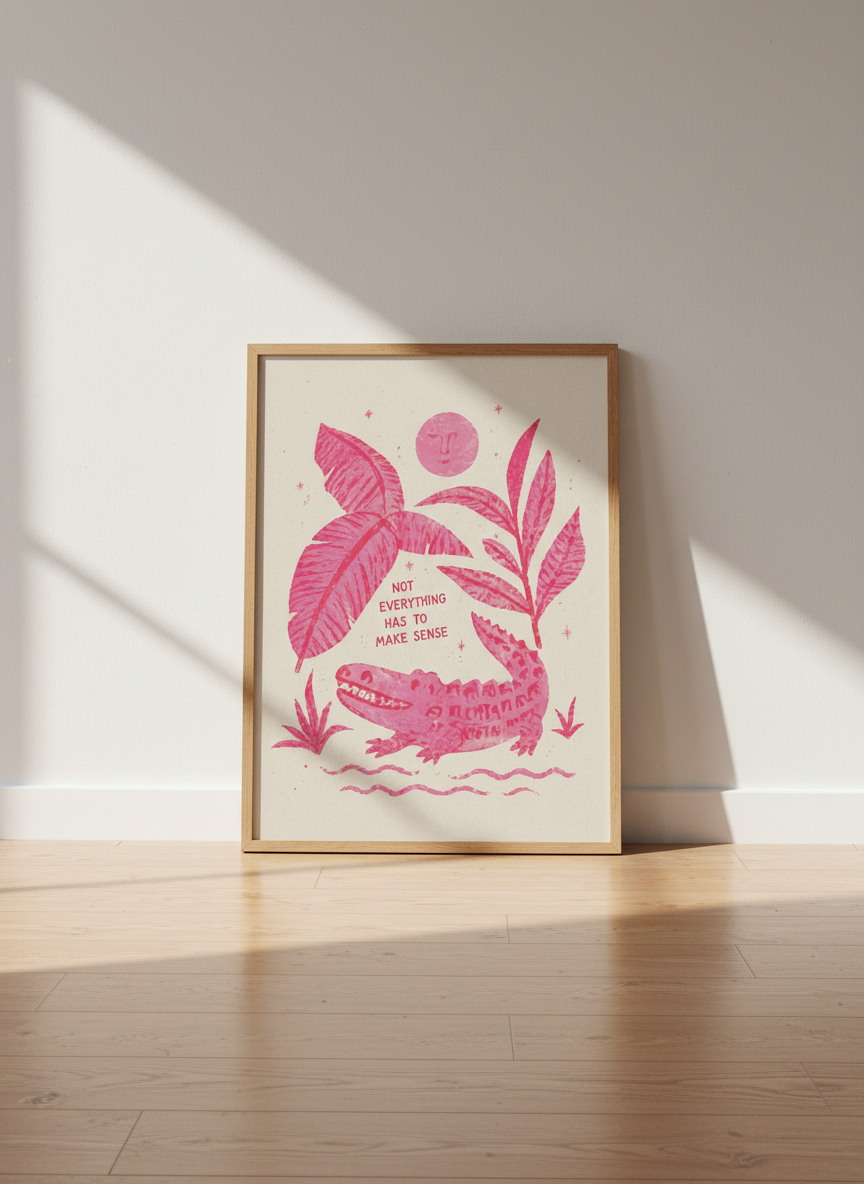 Pink Alligator Art Print | Boho Funky Wall Decor, Quirky Quote Poster, Funky Room Art