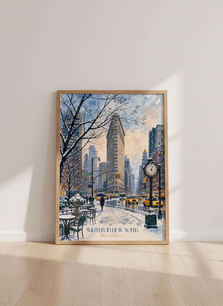 Flatiron Building NYC Watercolor | Winter New York City Wall Art, Manhattan Poster