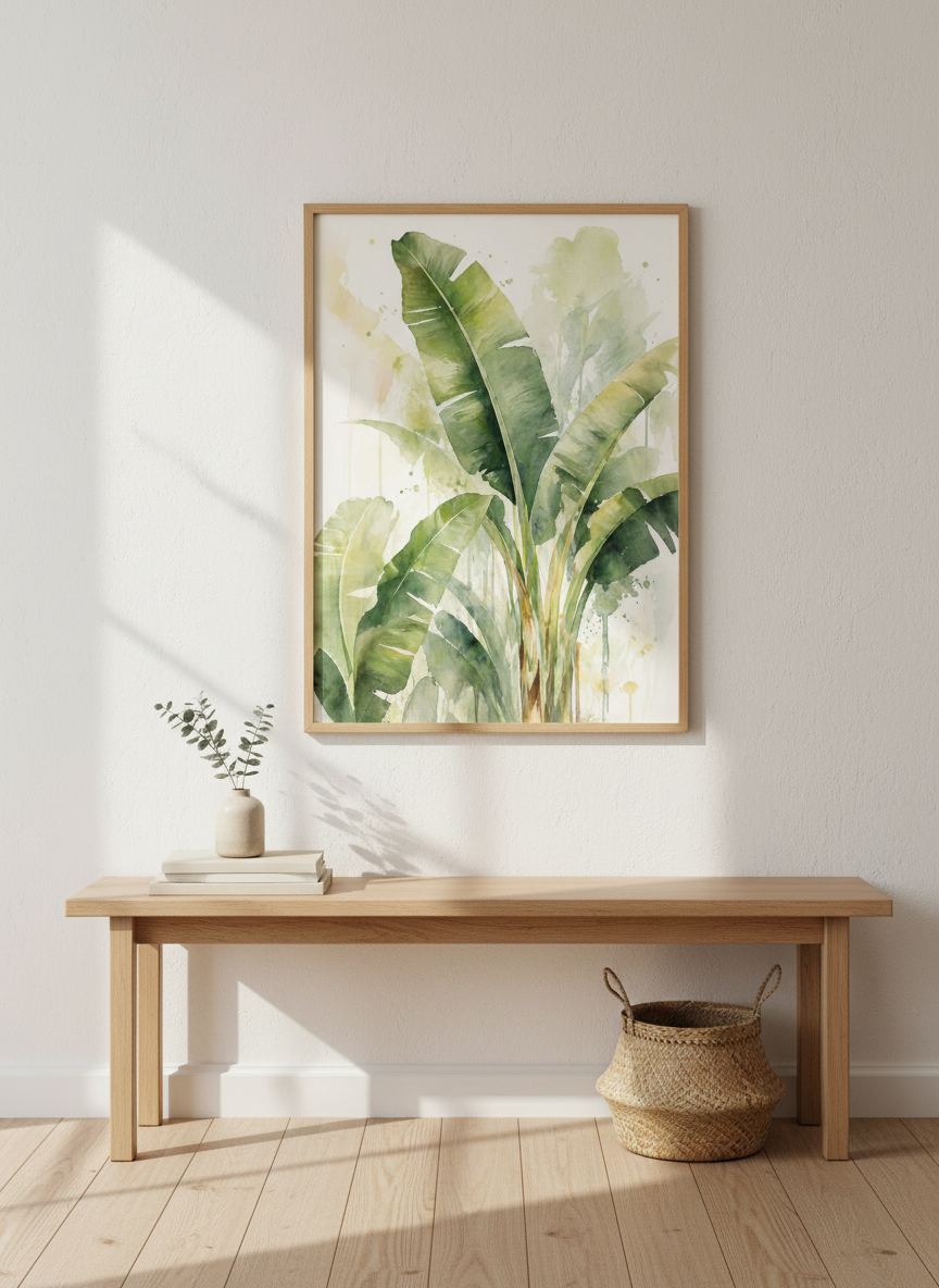 Banana Leaf Watercolor Print | Tropical Greenery, Botanical Living Room Art