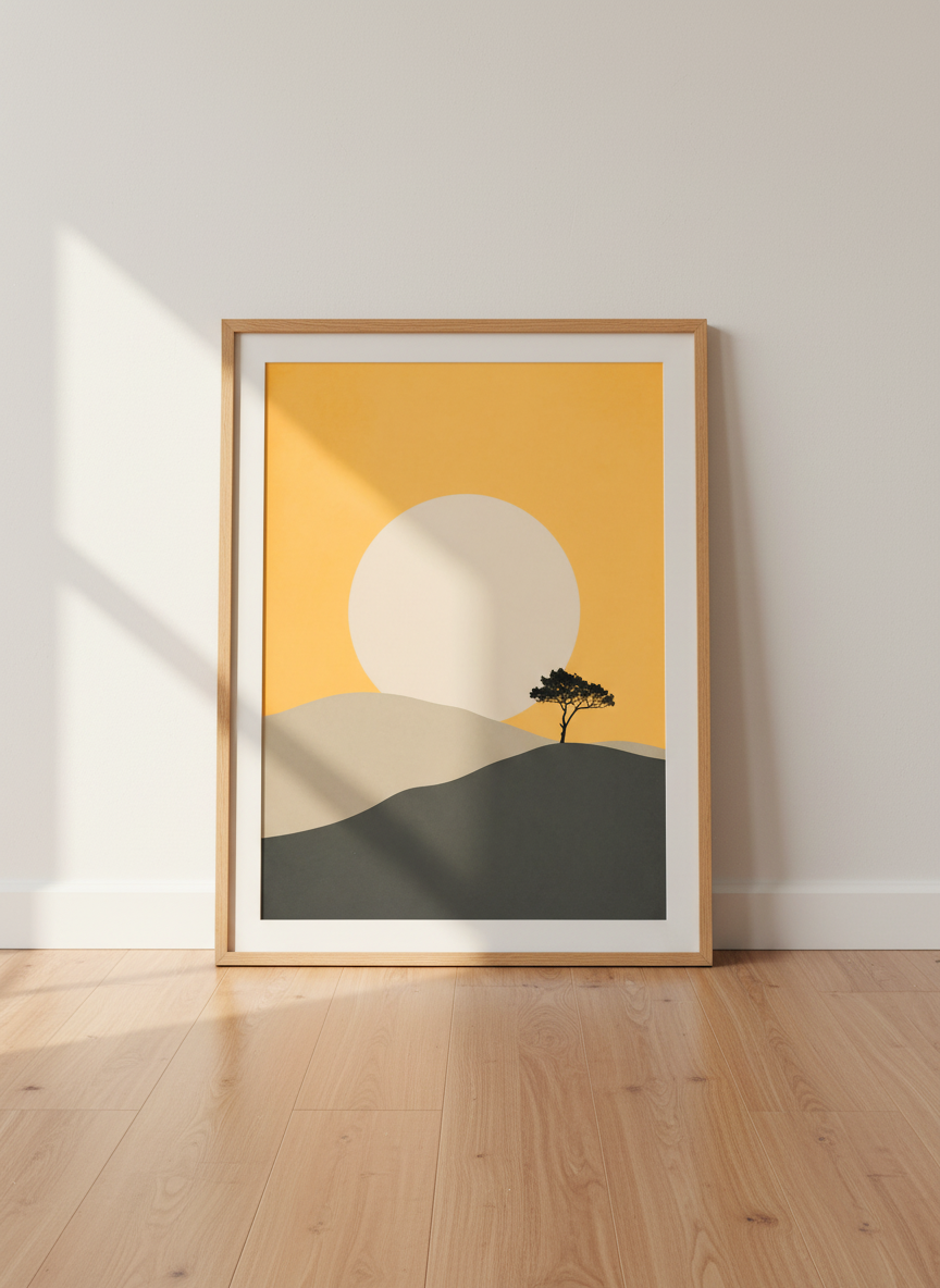 Minimalist Landscape Wall Art Print | Boho Living Room Decor | Mid Century Modern Poster | Desert Sun Tree Digital Download