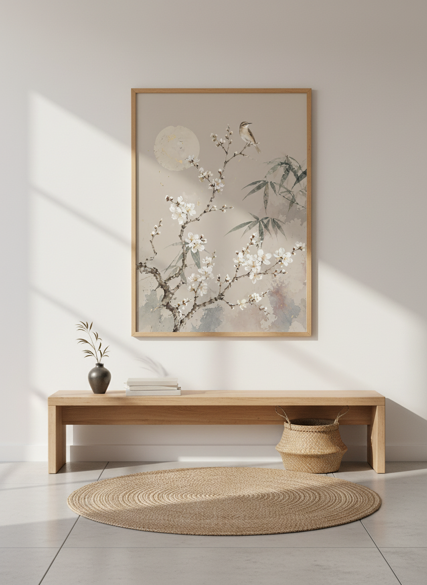 Japanese Bird & Cherry Blossom Wall Art | Neutral Zen Decor | Chinoiserie Poster