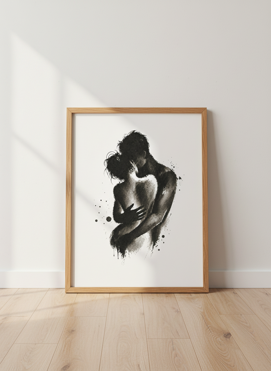 Minimalist Couple Wall Art Print | Bedroom Decor | Romantic Digital Poster | Abstract Love Kiss Ink Painting Black and White