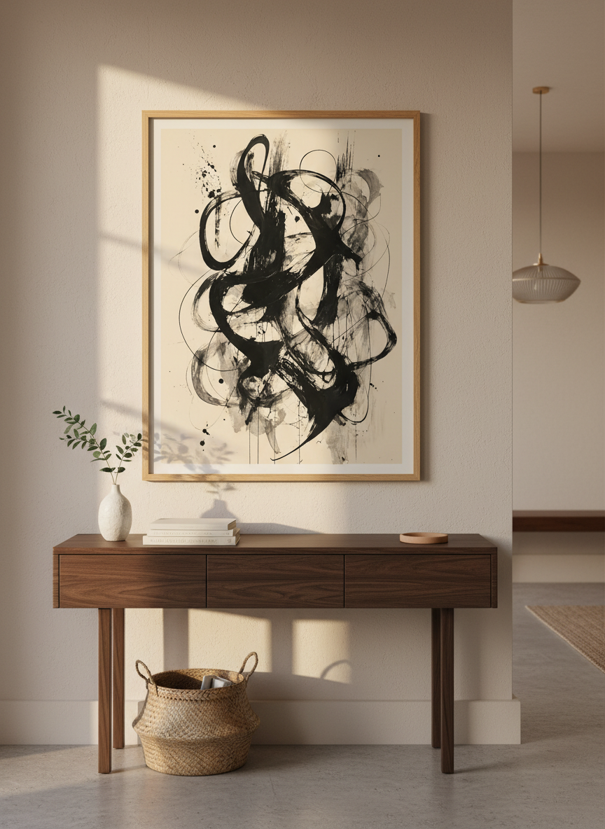 Abstract Ink Stroke Wall Art | Black and Beige Minimalist Print, Modern Office Decor
