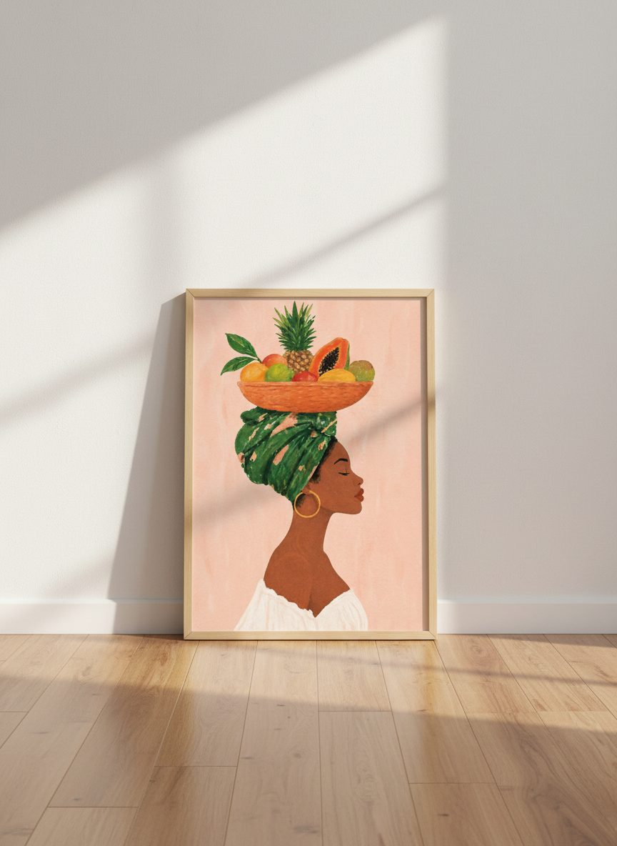 Abstract Woman with Fruit Wall Art Print | Kitchen Decor | Boho Aesthetic Poster | African American Art