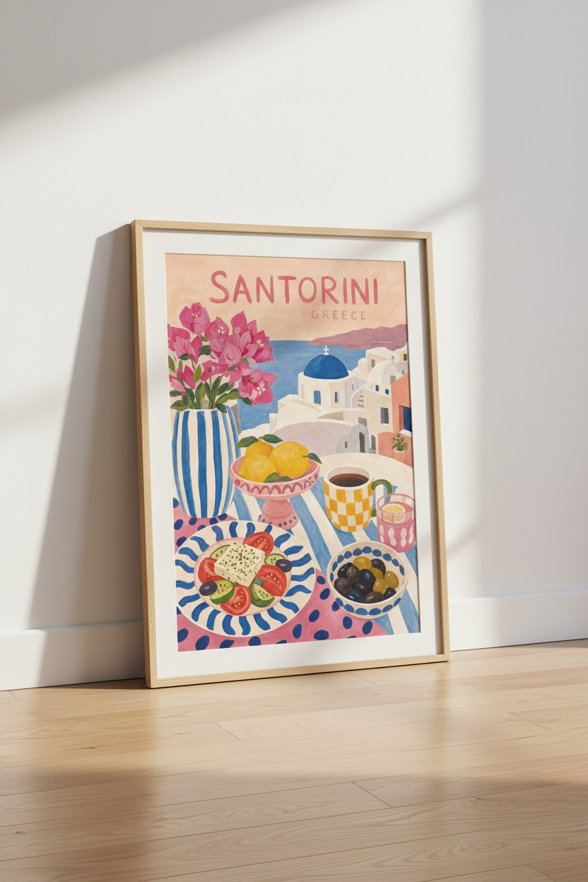 Santorini Greece Travel Art Print | Mediterranean Food Poster | Coastal Kitchen Decor