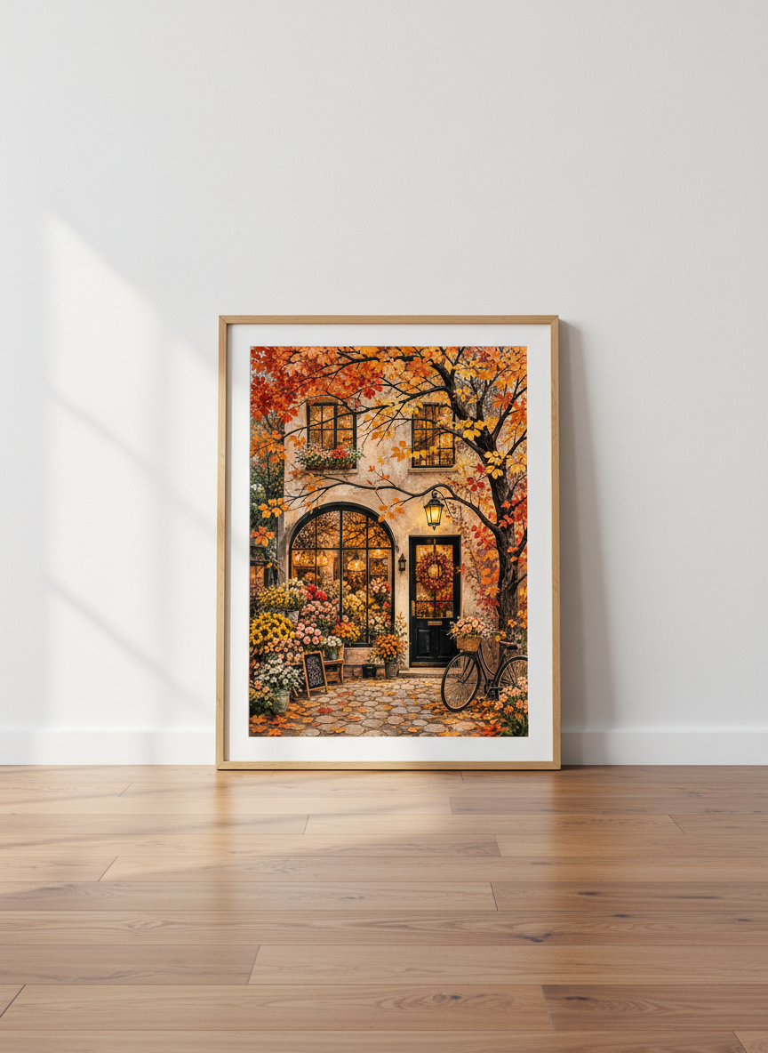 Autumn Flower Shop Wall Art | Rustic Fall Storefront Decor | European Aesthetic Poster