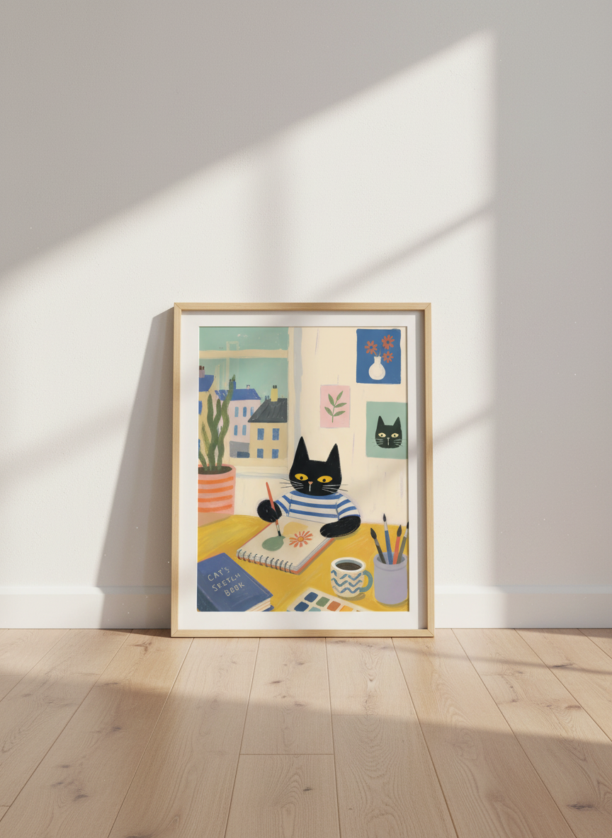 Black Cat Artist Painting | Whimsical Folk Art Illustration, Creative Studio Decor